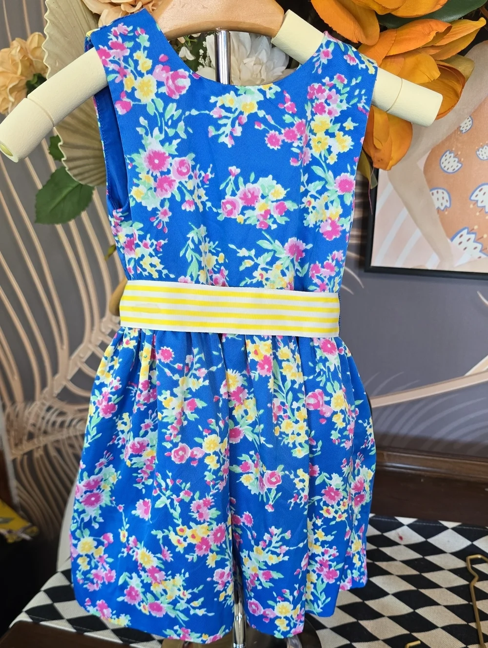 Ralph Lauren Bright Blue Floral Sundress Yellow Striped Waistband 12 18 Month